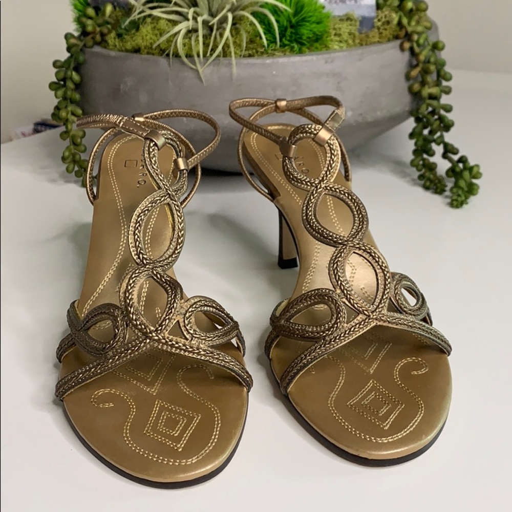 Pesaro Bronze Miranda Open Toe Sandal Heels party shoes 8.5 women’s narrow width